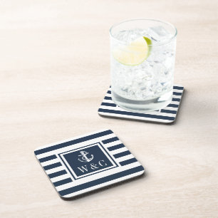 Monogramm Anker Navy Blau Streifen Getränkeuntersetzer