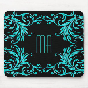 Monogramm-Aqua-Blau-Damast Mousepad