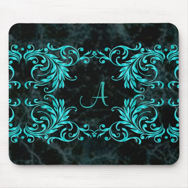 Monogramm-Aqua-Blau-Damast Mousepad (Vorne)