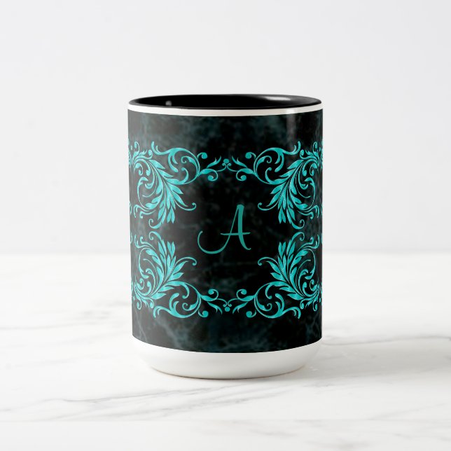 Monogramm-Aqua-Blau-Damast Zweifarbige Tasse (Mittel)