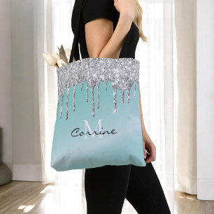 Monogramm Aqua Blau + Silber tropfender Glitter-Na