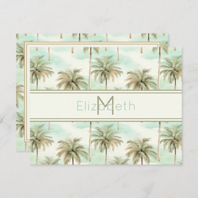 Monogramm Aqua und Creme Tropical Palm Tree Mitteilungskarte (Vorne/Hinten)