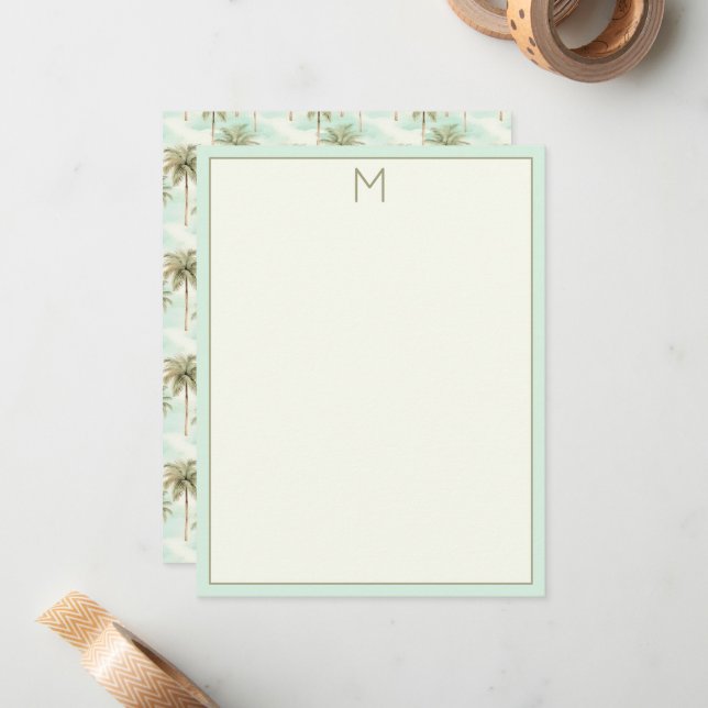Monogramm Aqua und Creme Tropical Palm Tree Mitteilungskarte (Vorderseite/Rückseite Beispiel)