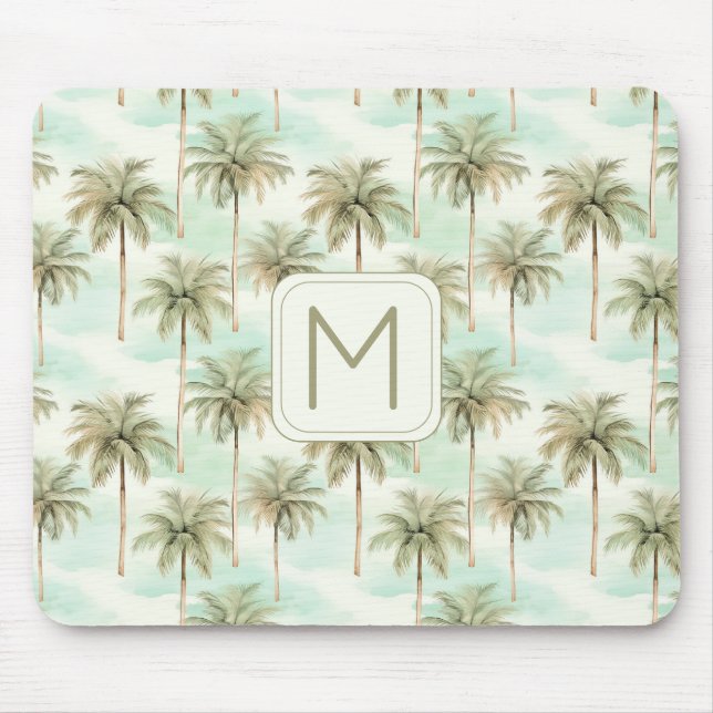 Monogramm Aqua und Creme Tropical Palm Tree Mousepad (Vorne)
