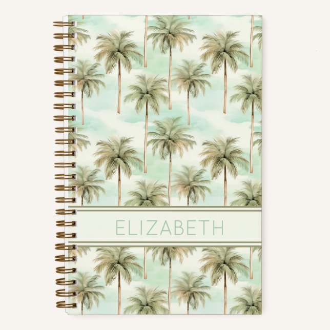 Monogramm Aqua und Creme Tropical Palm Tree Notizbuch (Vorderseite)
