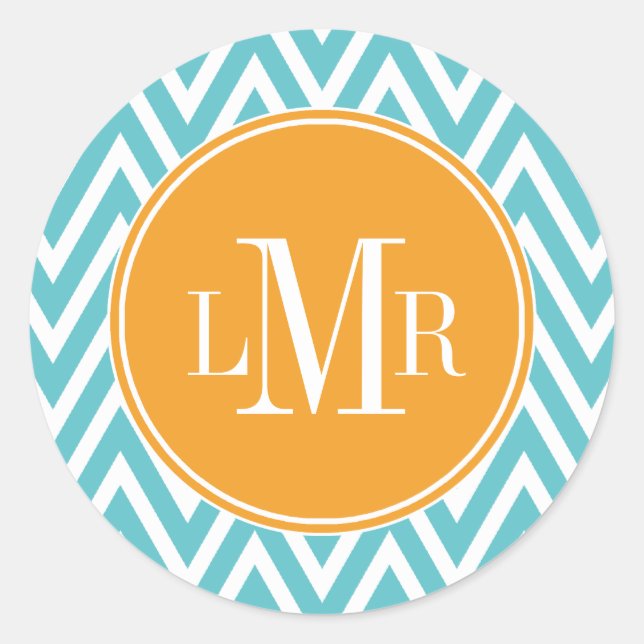 Monogramm Aqua und Orange Chevrons Runder Aufkleber (Vorderseite)