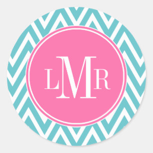 Monogramm Aqua und Pink Chevrons Runder Aufkleber
