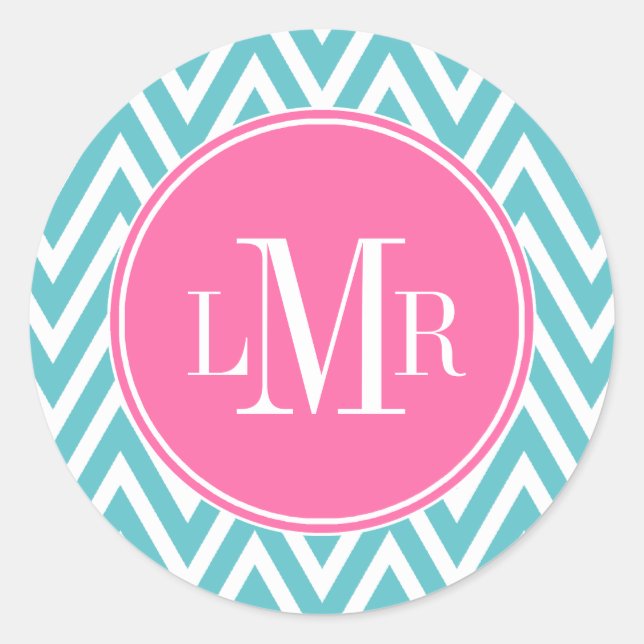 Monogramm Aqua und Pink Chevrons Runder Aufkleber (Vorderseite)