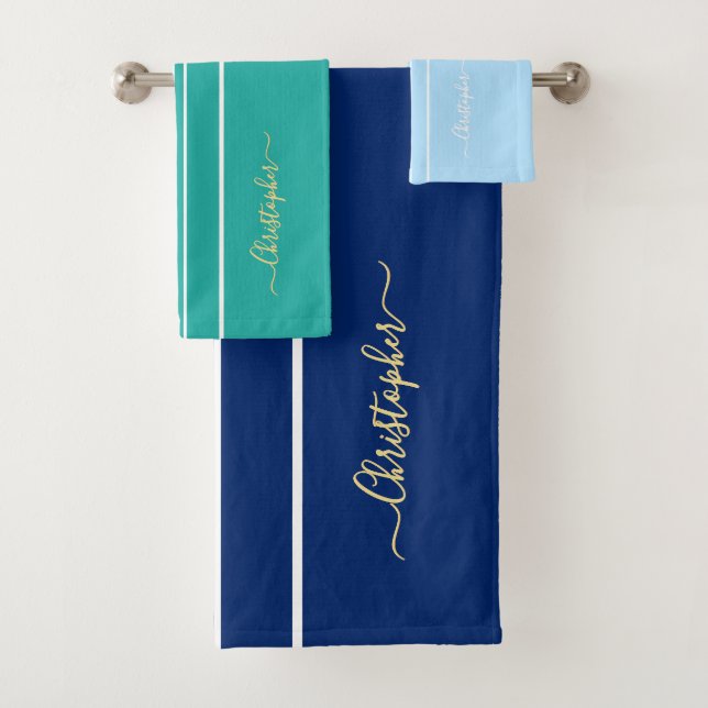 Monogramm Aquamarin-blaue Streifen mit mehrfarbige Badhandtuch Set (Insitu)