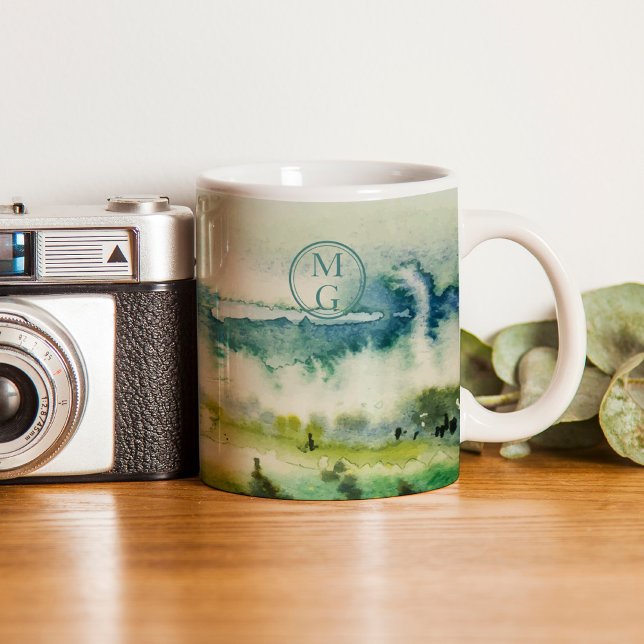 Monogramm Aquamarin grüne Farbe Kaffeetasse (This design a calming soft watercolor landscape in soothing greens and blues. )