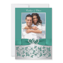 Monogramm Aquamarin, Silver Floral Wedding Einladu