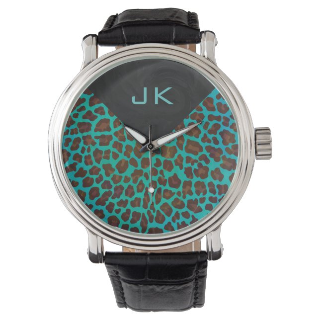 Monogramm Aquamarin und braun Leopard Armbanduhr (Vorderseite)