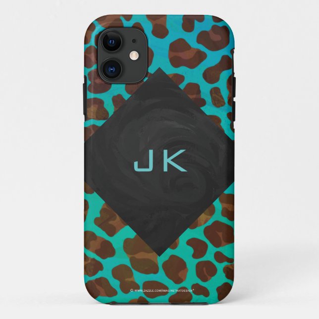 Monogramm Aquamarin und braun Leopard Case-Mate iPhone Hülle (Rückseite)