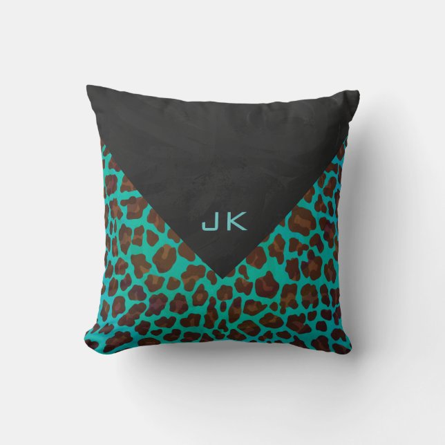 Monogramm Aquamarin und braun Leopard Kissen (Vorderseite)