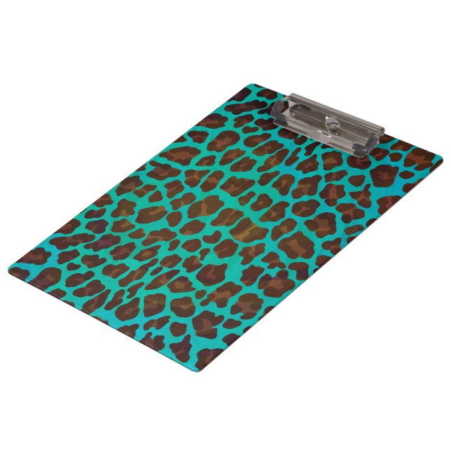 Monogramm Aquamarin und braun Leopard Klemmbrett (Schrägansicht)