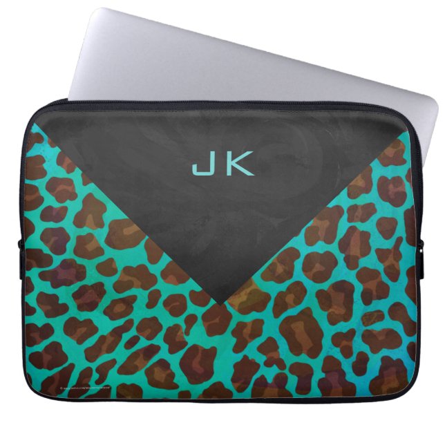 Monogramm Aquamarin und braun Leopard Laptopschutzhülle (Vorderseite)