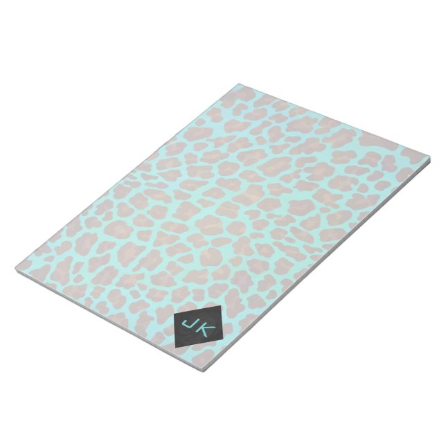 Monogramm Aquamarin und braun Leopard Notizblock (angewinkelt)