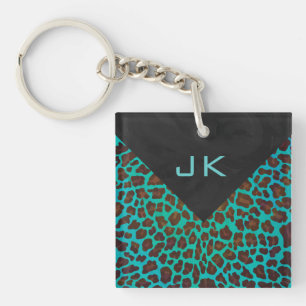 Monogramm Aquamarin und braun Leopard Schlüsselanhänger