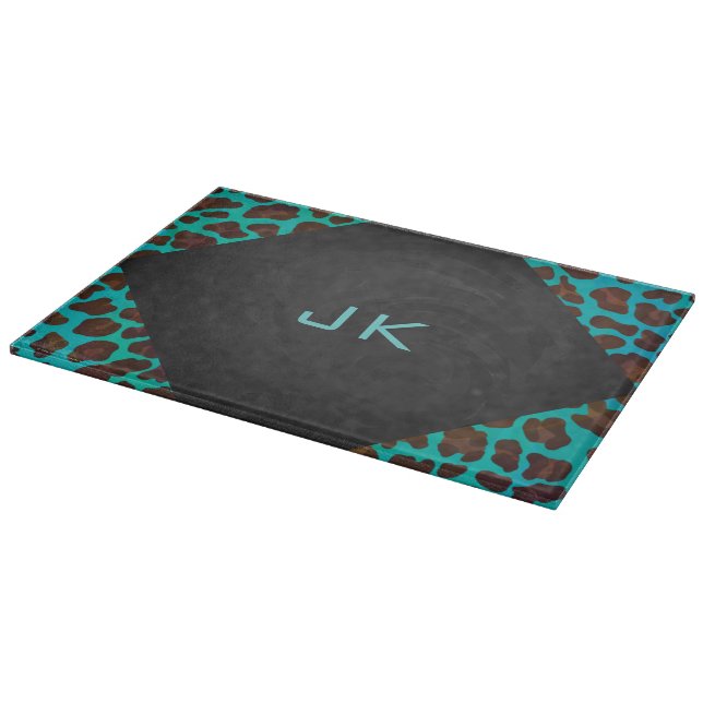 Monogramm Aquamarin und braun Leopard Schneidebrett (Ecke)