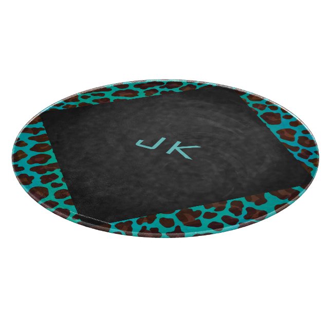 Monogramm Aquamarin und braun Leopard Schneidebrett (Ecke)