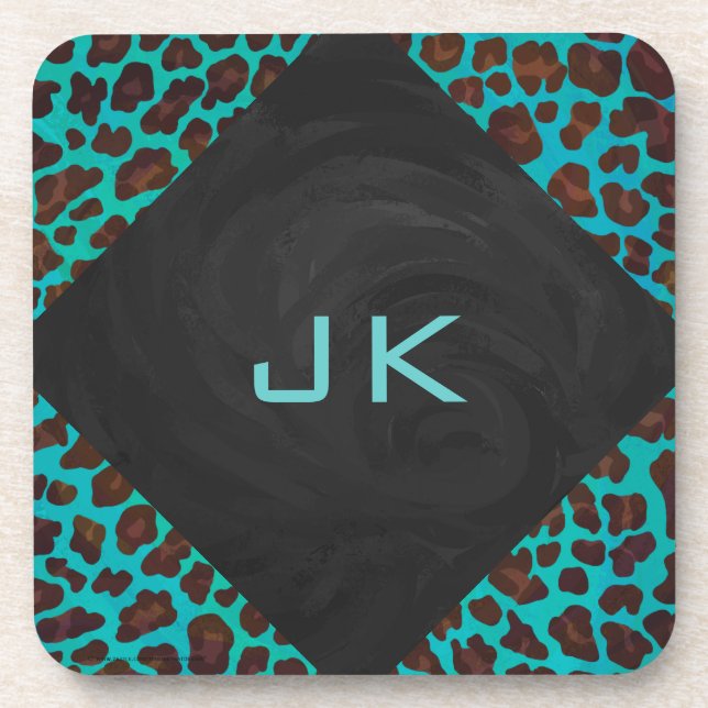 Monogramm Aquamarin und braun Leopard Untersetzer (Vorderseite)