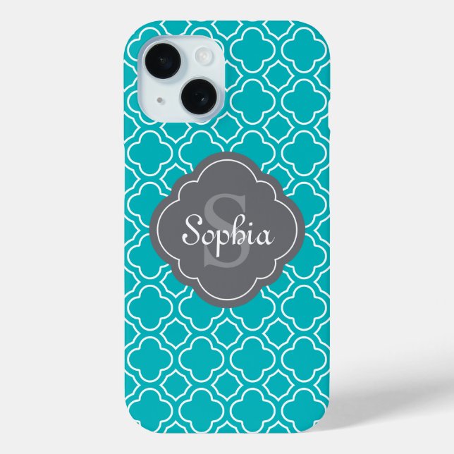 Monogramm Aquamarin und Grau-Arabesque-Muster Case-Mate iPhone Hülle (Rückseite)