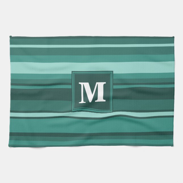 Monogramm aquamarine Streifen Geschirrtuch (Horizontal)