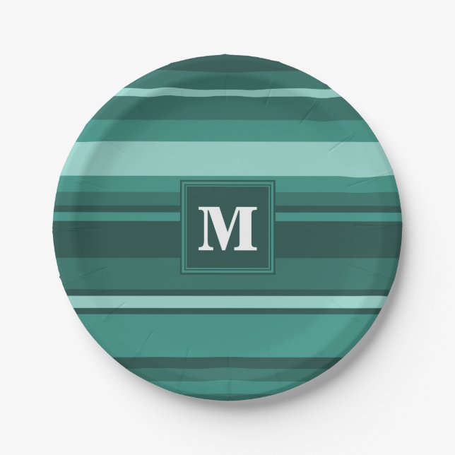 Monogramm aquamarine Streifen Pappteller (Vorderseite)
