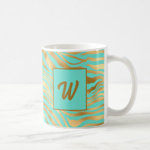 Monogramm-Aquamarine und Gold-Animal-Print Kaffeetasse