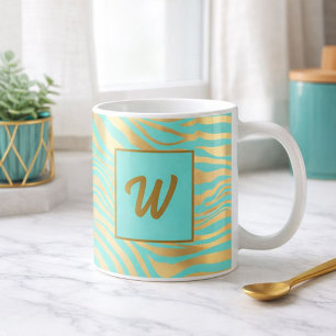 Monogramm-Aquamarine und Gold-Animal-Print Kaffeetasse