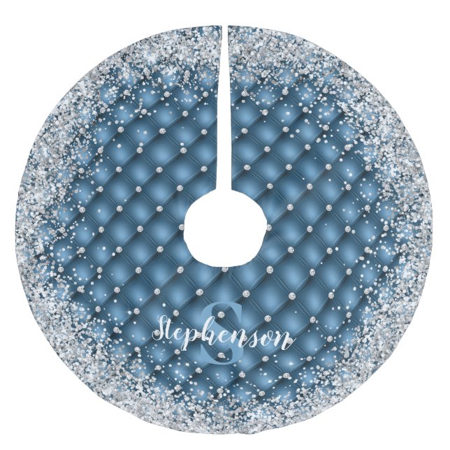 Monogramm Aquamariner Diamantsilber-Glitzer Polyester Weihnachtsbaumdecke (Vorderseite)