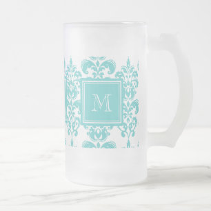 Monogramm, Aquamarines Damast-Muster 2 Mattglas Bierglas