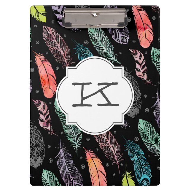 Monogramm-Aquarell-Feder-Muster-Klemmbrett Klemmbrett (Vorderseite)