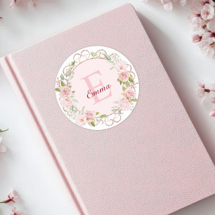 Monogramm-Aquarell-Rosa-Rosenblüten-Blumen Runder Aufkleber