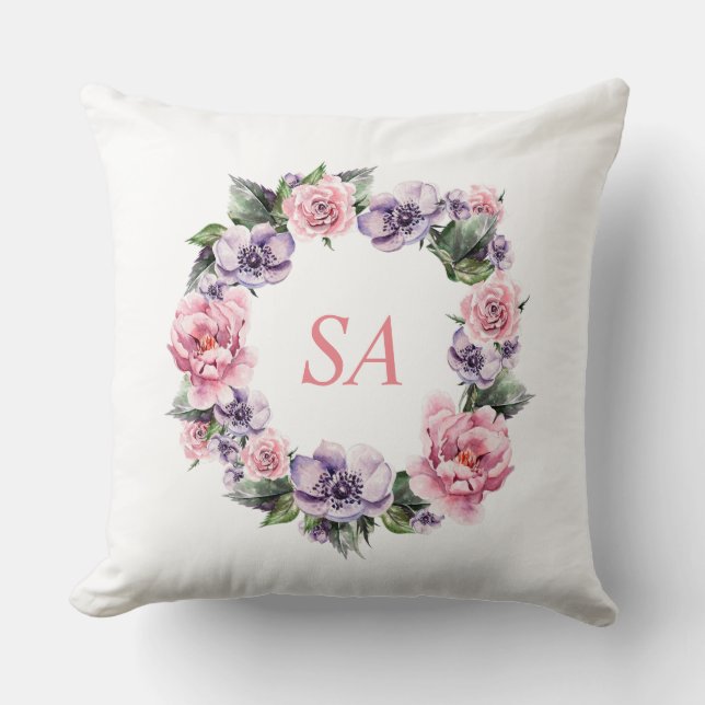 Monogramm Aquarellfarbe Rosa Lila Kraut Kissen (Vorderseite)