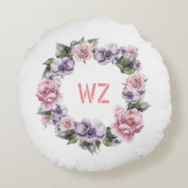 Monogramm Aquarellfarben Lila Garland der Blume Rundes Kissen