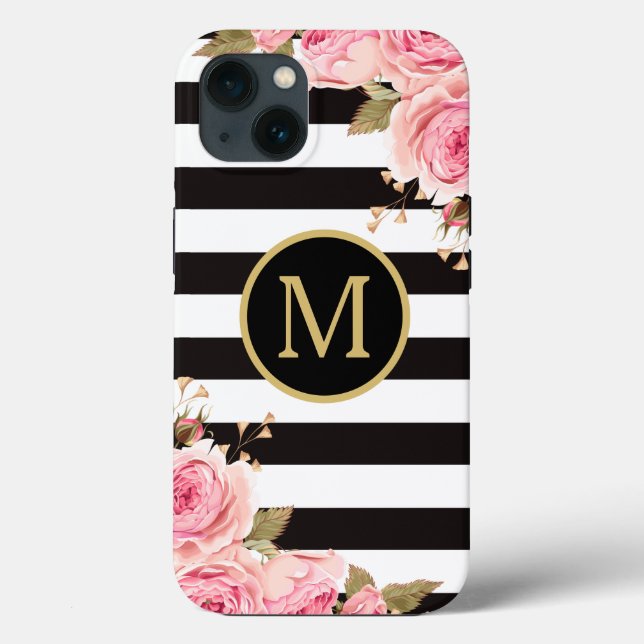 Monogramm: Aquarellfarben, schwarz und weiß Streif Case-Mate iPhone Hülle (Rückseite)