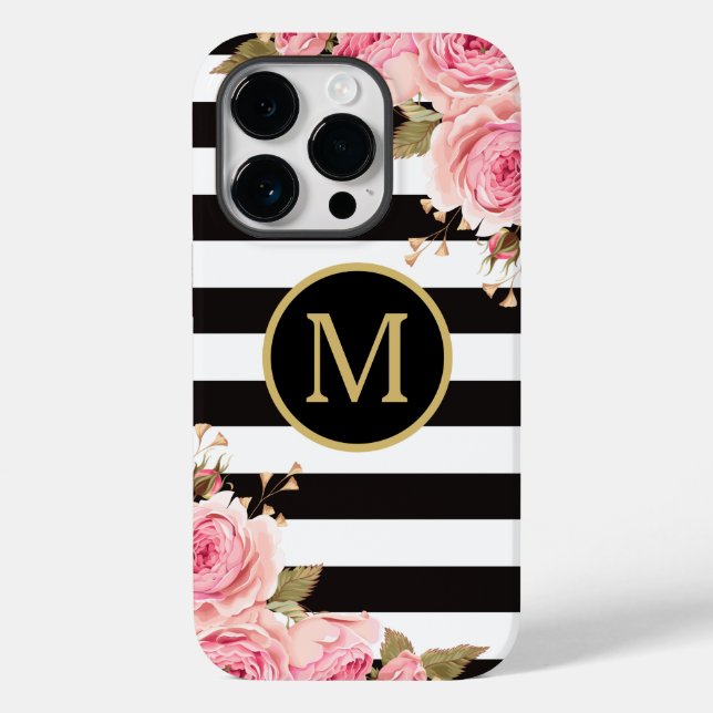 Monogramm: Aquarellfarben, schwarz und weiß Streif Case-Mate iPhone Hülle (Rückseite)