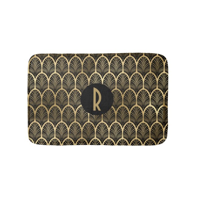 Monogramm Art Deco Schwarz-Gold-Muster Badematte (Vorderseite)