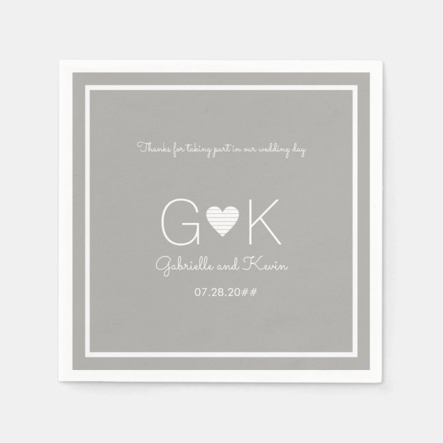 Monogramm auf einer grauen Hochzeitslippe mit Bots Serviette (Vorderseite)
