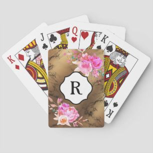 Monogramm auf kräftigen rosa Blumen, Gold- und sch Spielkarten