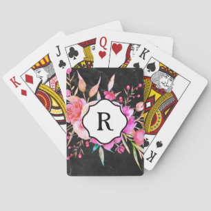 Monogramm auf kräftigen rosa Blumen und schwarzem  Spielkarten
