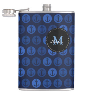 Monogramm auf Marine-Blau-Ton verankert Muster Flachmann