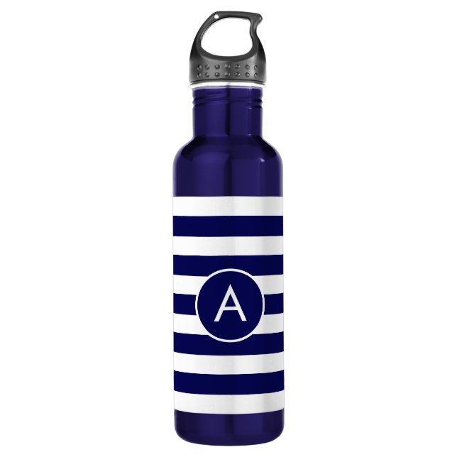 Monogramm auf Navy Blue & White Striping Edelstahlflasche (Vorderseite)