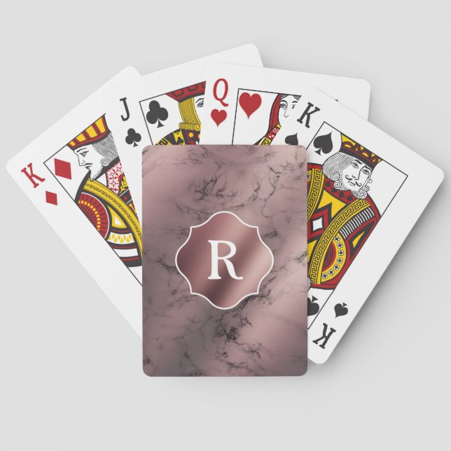 Monogramm auf Rose Gold und schwarzer Marmor Spielkarten (Rückseite)
