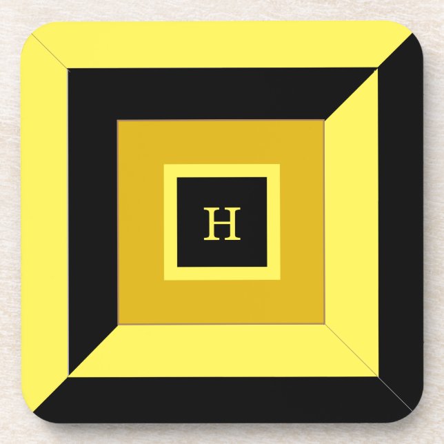 Monogramm auf Schwarz-Gelb-Geometrie Getränkeuntersetzer (Vorderseite)
