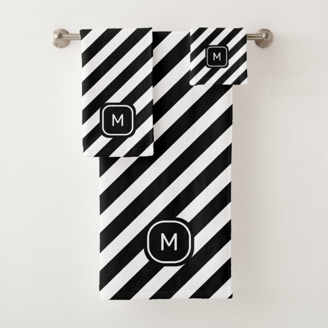 Monogramm auf Schwarz/Weiß Streifen Badhandtuch Set (Insitu)