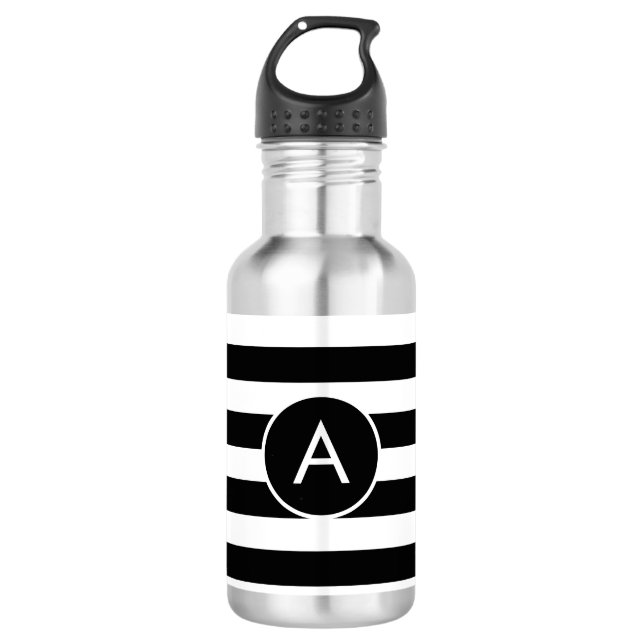 Monogramm auf Schwarz/Weiß Streifen Edelstahlflasche (Vorderseite)