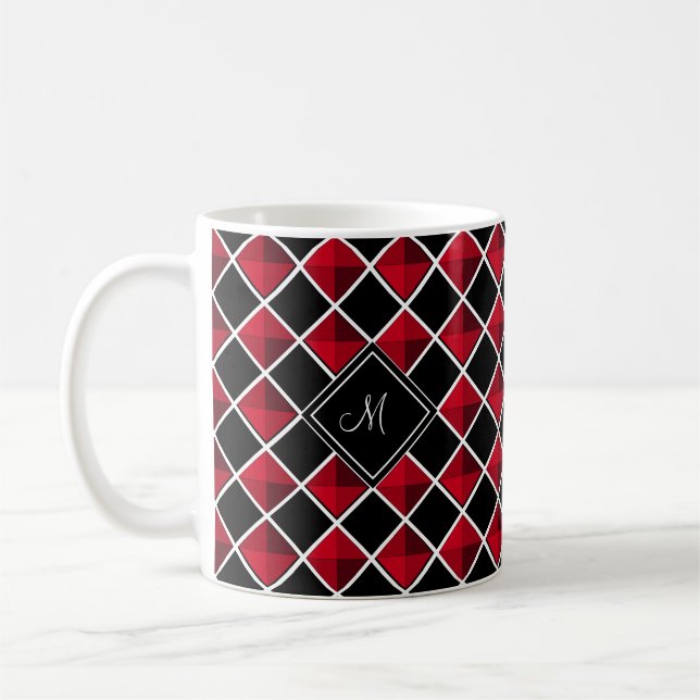 Monogramm auf schwarzem rotem Rautenmuster Kaffeetasse (Links)