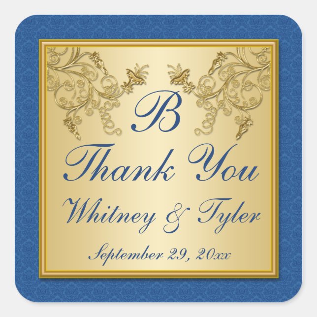 Monogramm-Aufkleber für blaue und goldene Floral-D Quadratischer Aufkleber (Vorderseite)